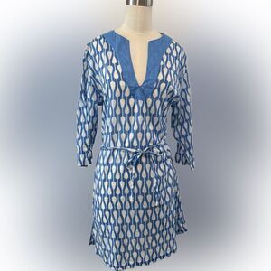 Echo Cover Up Over Swimwear Dress, Blue White V-Neck Lightweight, Size Medium